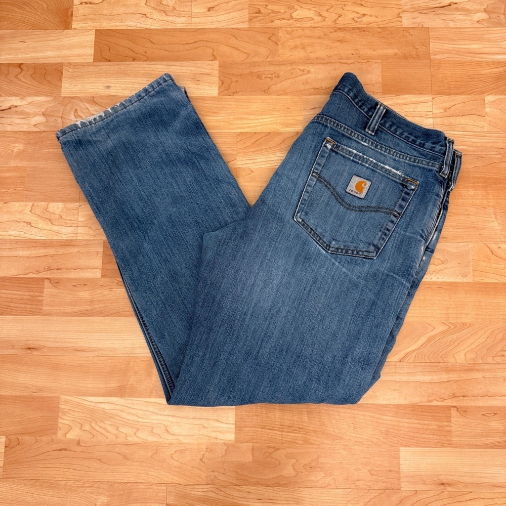 Carhartt‎ Mens Relaxed Fit Fleece Lined Distressed Jeans Blue 38x32 Medium Wash